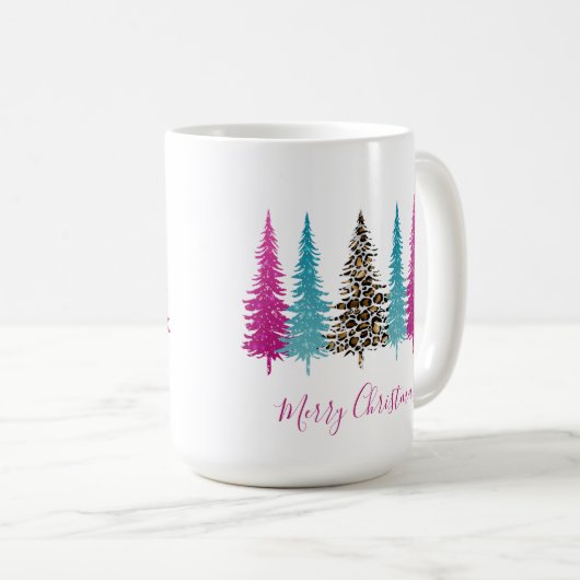 ピンクとターコイズの輝きのクリスマス コーヒーマグカップ (正面右)