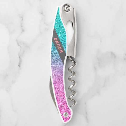 ピンクとターコイズグリッターモノグラグラデーションム ソムリエナイフ (裏面)