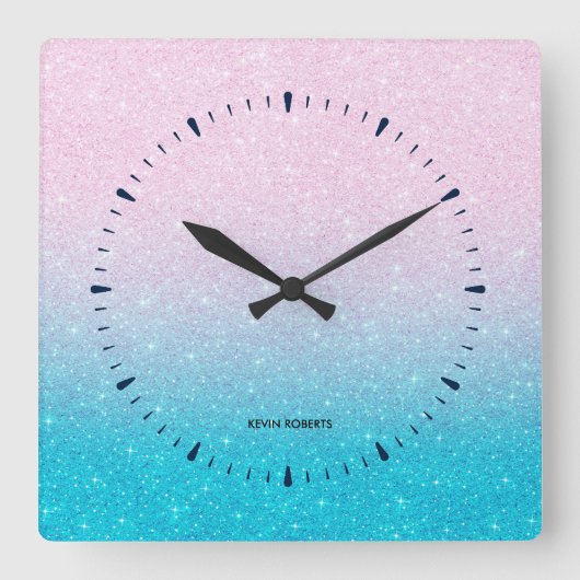 ピンクとターコイズグリッター グラデーション スクエア壁時計 (正面)