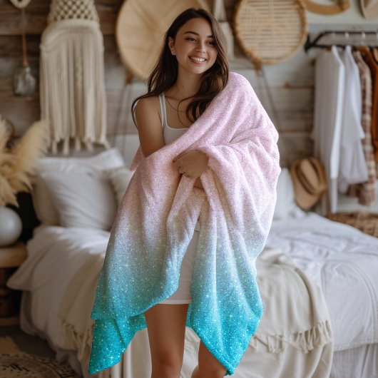 ピンクとターコイズグリッター グラデーション フリースブランケット