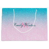 ピンクとターコイズグリッター グラデーション ラージペーパーバッグ (正面)