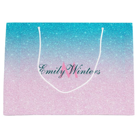 ピンクとターコイズグリッター グラデーション ラージペーパーバッグ (正面)