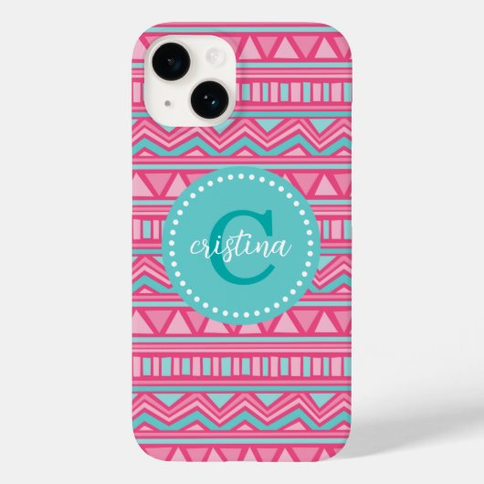 ピンクとターコイズシアステカェブロンカスタムモノグラム Case-Mate iPhoneケース (裏面)