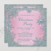ピンクとターコイズブルーと青の雪の結晶のクリスマスパーティー 招待状 (正面/裏面)