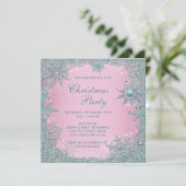 ピンクとターコイズブルーと青の雪の結晶のクリスマスパーティー 招待状 (スタンド正面)