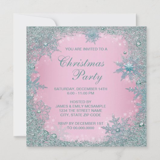 ピンクとターコイズブルーと青の雪の結晶のクリスマスパーティー 招待状 (正面)