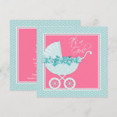 ピンクとターコイズブルーのベビーシャワー 招待状 (正面/裏面)