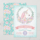 ピンクとターコイズブルーのユニコーンのベビーシャワー招待状 招待状 (正面/裏面)