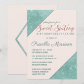 ピンクとターコイズブルーの偽のグリッター シーケン スウィート 16 招待状 (正面/裏面)