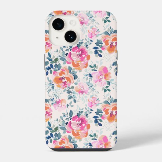 ピンクとターコイズブルーの花柄 iPhoneケース (裏面)