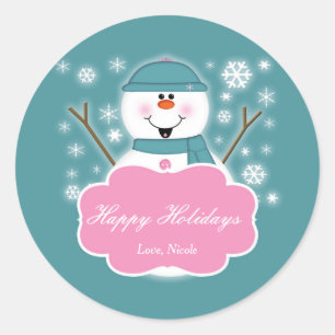 ピンクとターコイズブルーの雪だるま クリスマス ステッカー