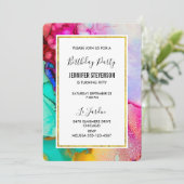 ピンクとターコイズ抽象芸術水彩誕生日 招待状 (スタンド正面)