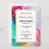 ピンクとターコイズ抽象芸術水彩誕生日 招待状 (正面)