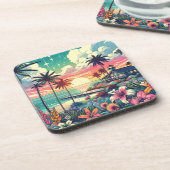 ピンクとターコイズ楽園 |ビーチアート コースター (左側)