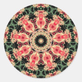 ピンクとダークグリーンフラクタル万華鏡のように千変万化するパターン ラウンドシール (正面)