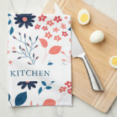 ピンクとダークブルーのかわいい花柄 キッチンタオル (四つ折り)