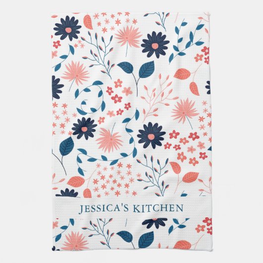ピンクとダークブルーのかわいい花柄 キッチンタオル (縦)
