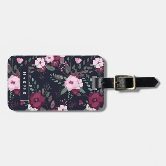 ピンクとダークブルーのバラパターン名前をカスタムするアドレス ラゲッジタグ (正面横)