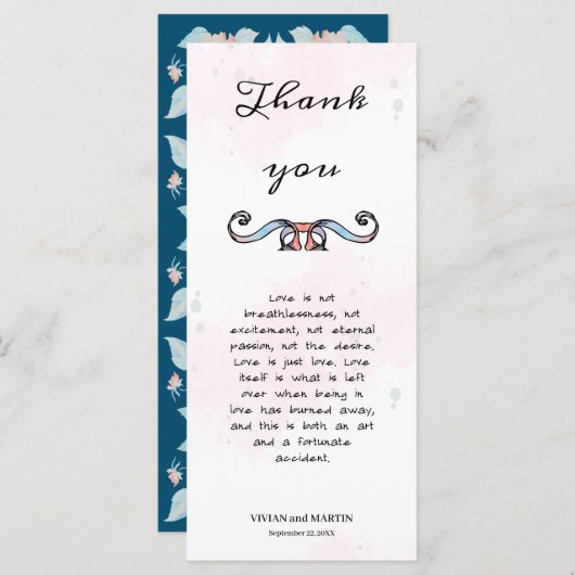 ピンクとダークブルーのフローラ詩サンキューカード (正面/裏面)
