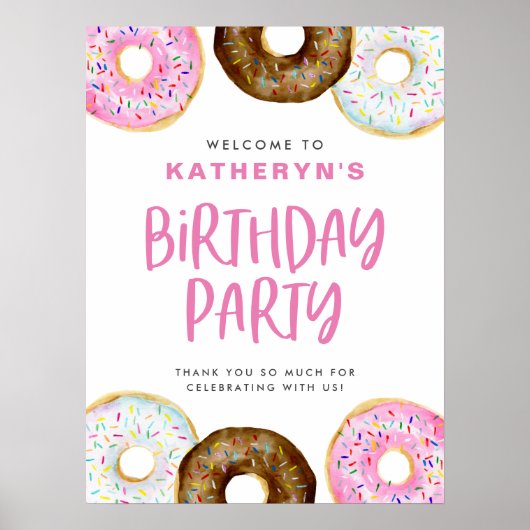 ピンクとチョコレートのドーナツ誕生日パーティーへようこそ ポスター (正面)