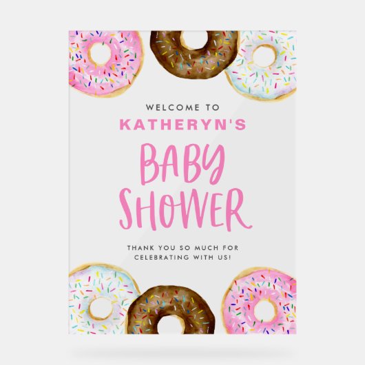 ピンクとチョコレートのドーナツ赤ちゃんシャワーへようこそ アクリルサイン (正面)