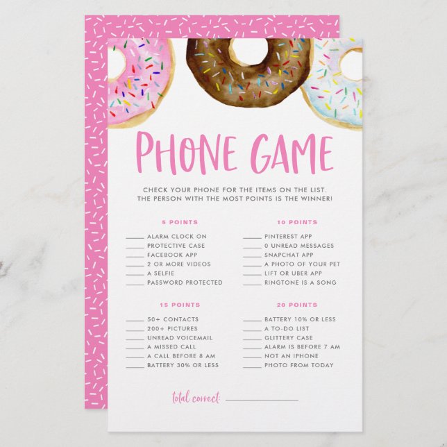 ピンクとチョコレートのドーナツ赤ちゃんシャワー電話ゲーム (正面/裏面)