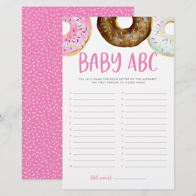 ピンクとチョコレートのドーナツABCベビーシャワーゲーム (正面/裏面)