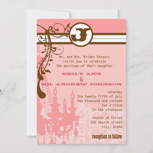 ピンクとチョコレートブラウンのヴィンテージシャンデリア 招待状 (裏面)