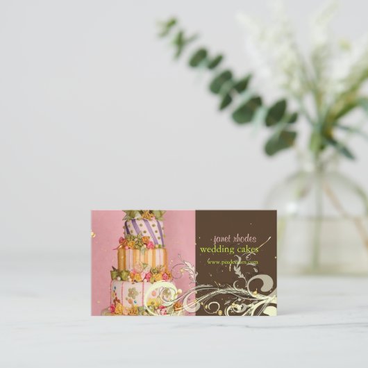 ピンクとチョコレート結婚のケーキ名刺 名刺 (スタンド正面)