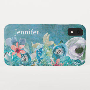 ピンクとティールの水彩花柄のカスタマイズデザイン iPhone XRケース