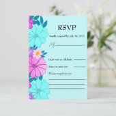 ピンクとティール（緑がかった色）のフローラ結婚の 出欠カード (スタンド正面)