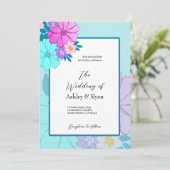 ピンクとティール(緑がかった色)のフローラ結婚式招待状 招待状 (スタンド正面)