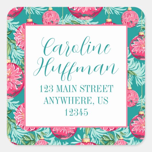 ピンクとティール（緑がかった色）の名門私立校風のクリスマスオーナメントアドレス スクエアシール (正面)