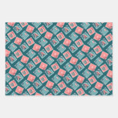 ピンクとティール(緑がかった色)の愛の切手 ラッピングペーパーシート (正面3)