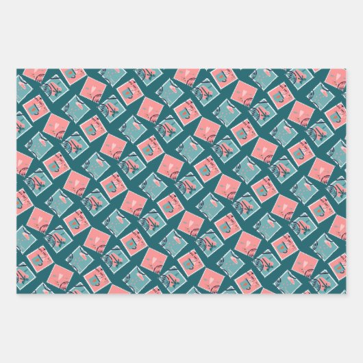 ピンクとティール（緑がかった色）の愛の切手 ラッピングペーパーシート (正面3)