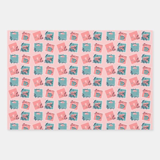 ピンクとティール（緑がかった色）の愛の切手 ラッピングペーパーシート (正面2)
