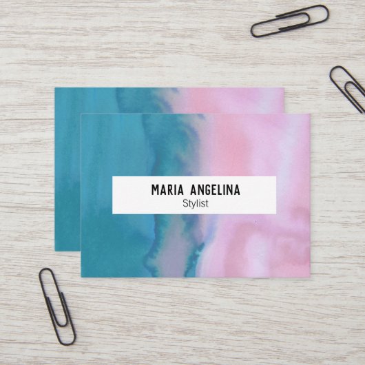 ピンクとティール（緑がかった色）の抽象芸術水彩名刺2 名刺 (正面/裏面インサイチュ)