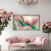 ピンクとティール(緑がかった色)の抽象芸術海動作 ポスター