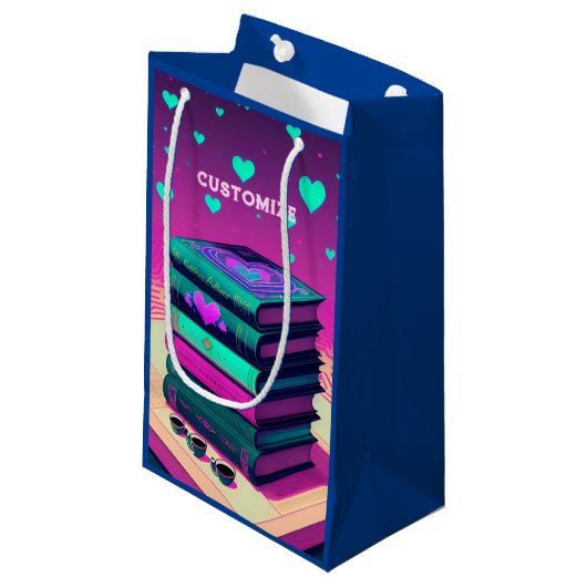 ピンクとティール（緑がかった色）の本の愛のために スモールペーパーバッグ (正面アングル)