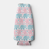 ピンクとティール（緑がかった色）の民族象のパターン ボトルクーラー (正面)