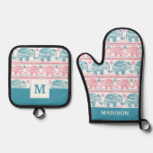 ピンクとティール（緑がかった色）の民族象のパターン 鍋つかみ&鍋敷きセット (正面)