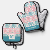 ピンクとティール（緑がかった色）の民族象のパターン 鍋つかみ&鍋敷きセット (正面/裏面)