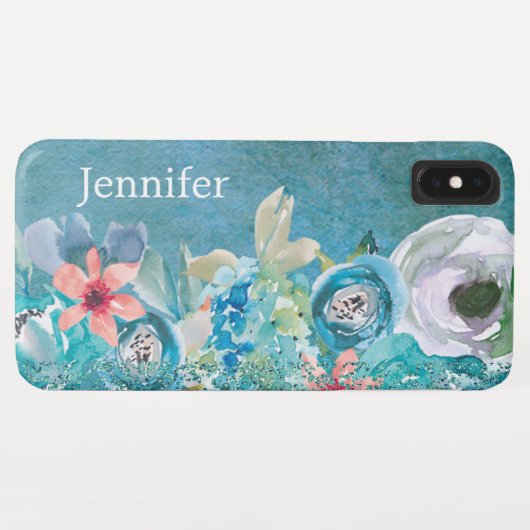 ピンクとティール(緑がかった色)の水彩フローラ パーソナライズされた Case-Mate iPhoneケース (裏面(横))