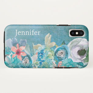 ピンクとティール(緑がかった色)の水彩フローラ パーソナライズされた iPhone XSケース