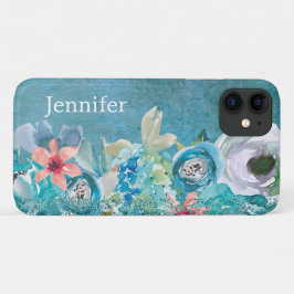 ピンクとティール(緑がかった色)の水彩フローラ パーソナライズされた iPhone 11 ケース