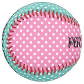 ピンクとティール(緑がかった色)の水玉模様パターンソフトボール贈り物 ソフトボール (正面左)