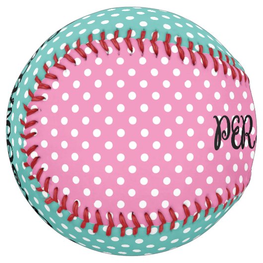 ピンクとティール(緑がかった色)の水玉模様パターンソフトボール贈り物 ソフトボール (正面左)