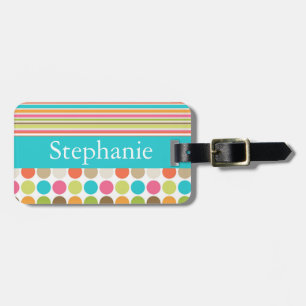 ピンクとティール（緑がかった色）の水玉模様パーソナライズされたラゲッジタグ ラゲッジタグ