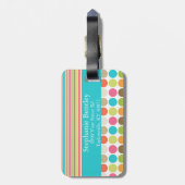 ピンクとティール(緑がかった色)の水玉模様パーソナライズされたラゲッジタグ ラゲッジタグ (裏面縦)