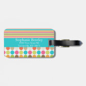 ピンクとティール(緑がかった色)の水玉模様パーソナライズされたラゲッジタグ ラゲッジタグ (裏面横)